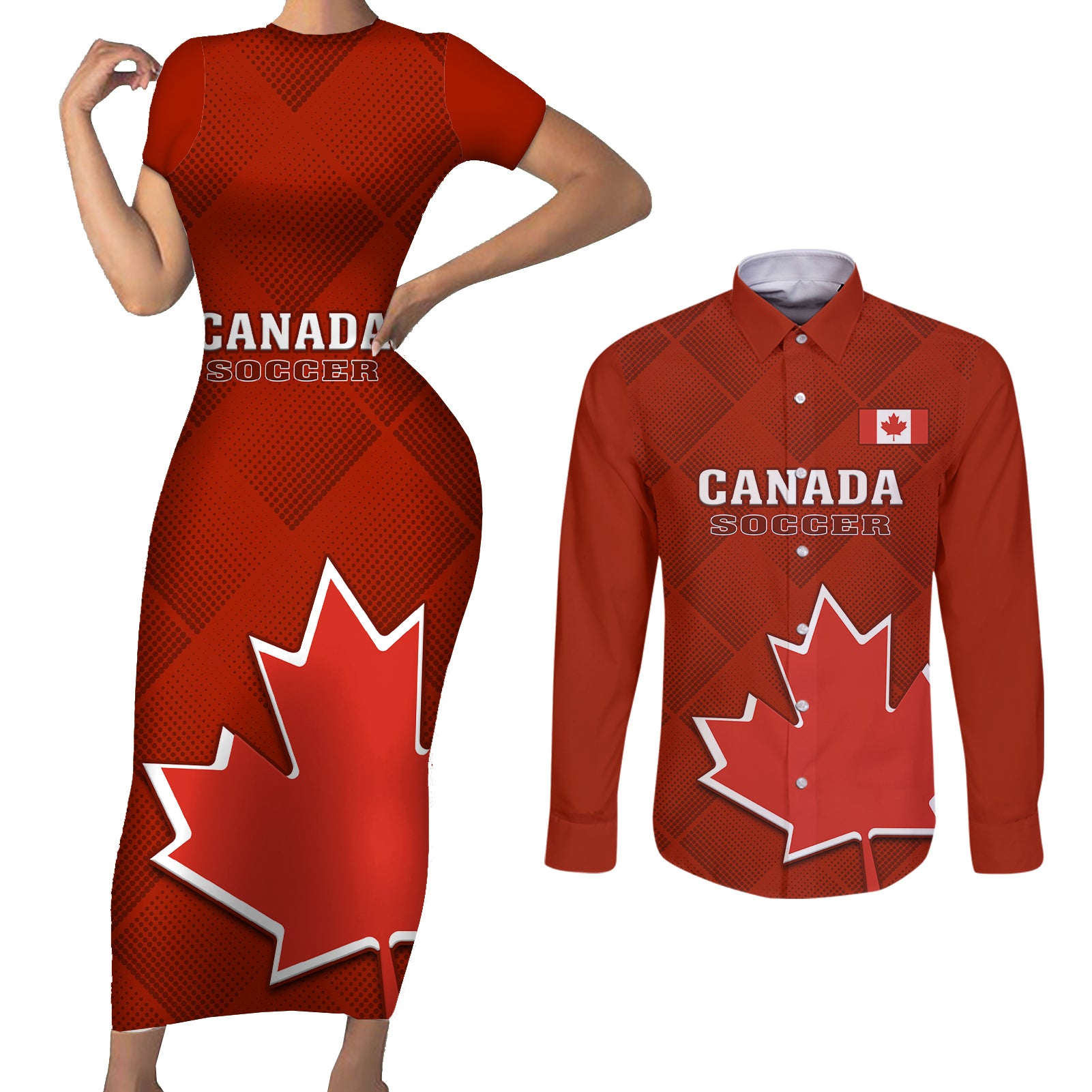 Custom Canada Soccer Couples Matching Short Sleeve Bodycon Dress and Long Sleeve Button Shirts Go Canucks Maple Leaf 2023 World Cup - Wonder Print Shop