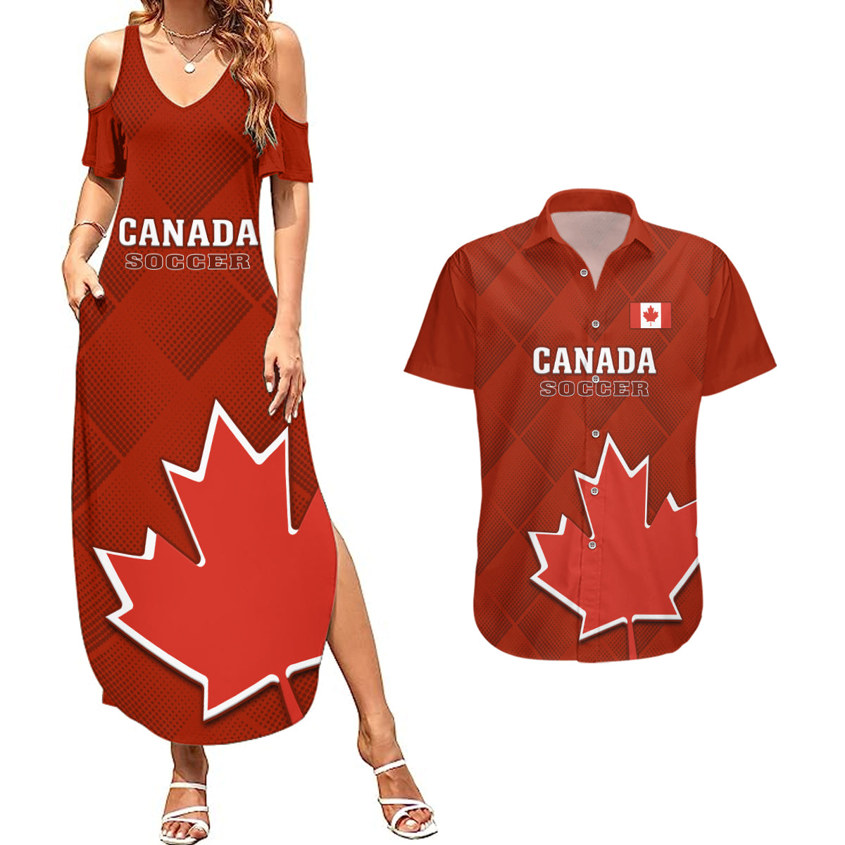 Custom Canada Soccer Couples Matching Summer Maxi Dress and Hawaiian Shirt Go Canucks Maple Leaf 2023 World Cup - Wonder Print Shop