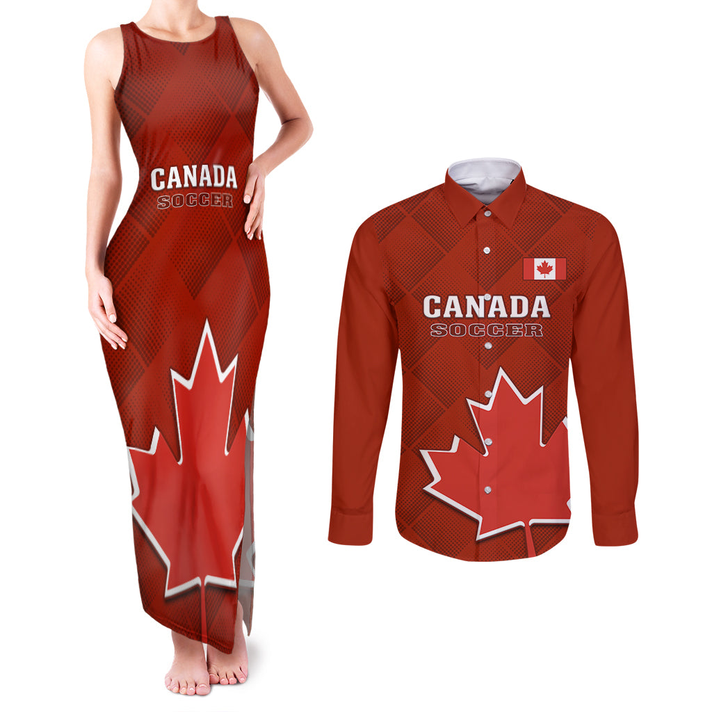 Custom Canada Soccer Couples Matching Tank Maxi Dress and Long Sleeve Button Shirts Go Canucks Maple Leaf 2023 World Cup - Wonder Print Shop