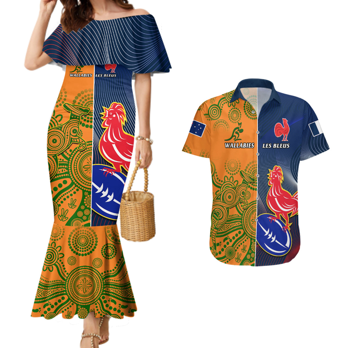 France And Australia Rugby Couples Matching Mermaid Dress and Hawaiian Shirt 2023 World Cup Le Bleus Wallabies Together - Wonder Print Shop