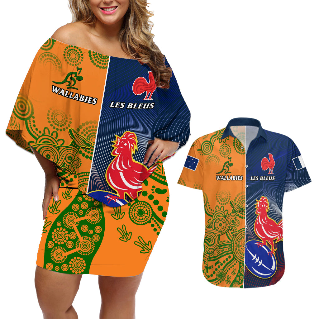 France And Australia Rugby Couples Matching Off Shoulder Short Dress and Hawaiian Shirt 2023 World Cup Le Bleus Wallabies Together - Wonder Print Shop