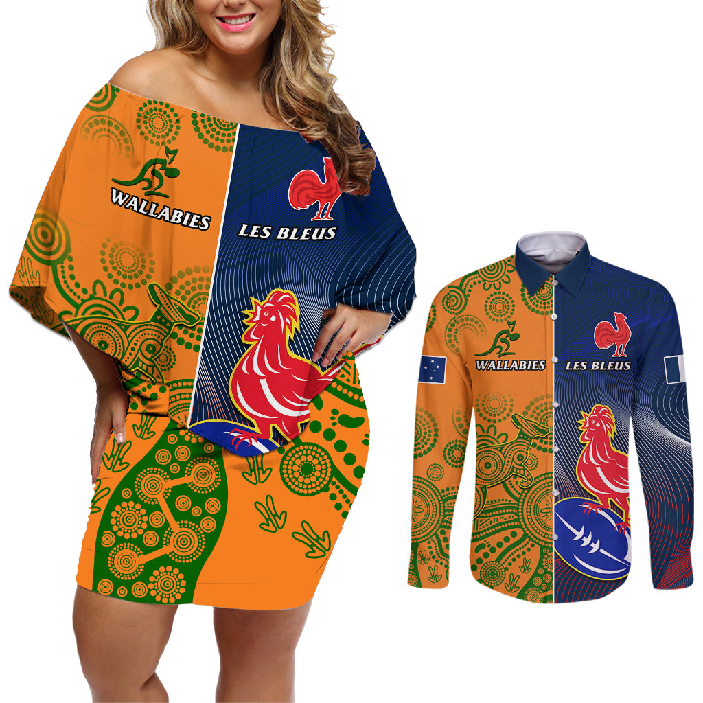 France And Australia Rugby Couples Matching Off Shoulder Short Dress and Long Sleeve Button Shirts 2023 World Cup Le Bleus Wallabies Together - Wonder Print Shop