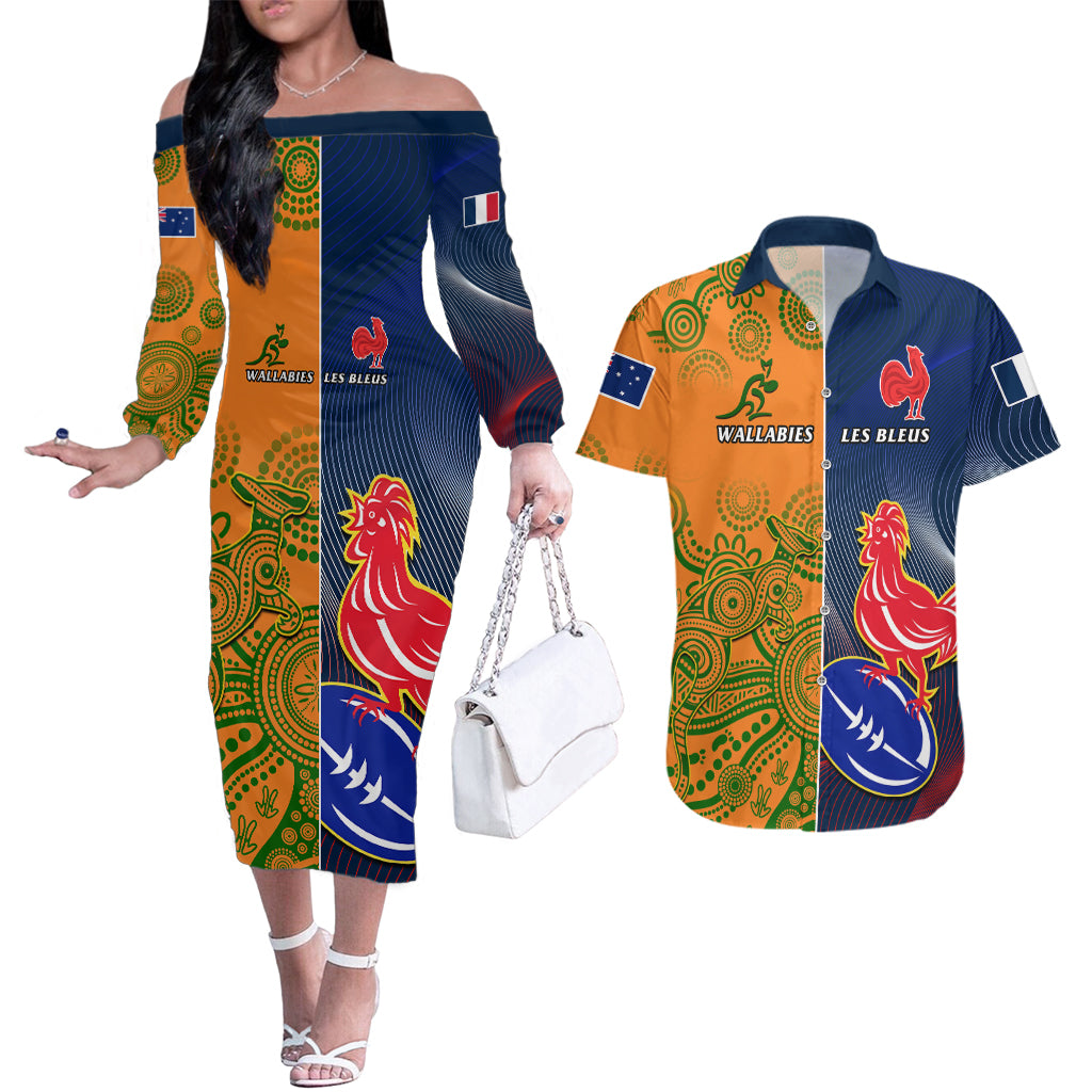 France And Australia Rugby Couples Matching Off The Shoulder Long Sleeve Dress and Hawaiian Shirt 2023 World Cup Le Bleus Wallabies Together - Wonder Print Shop