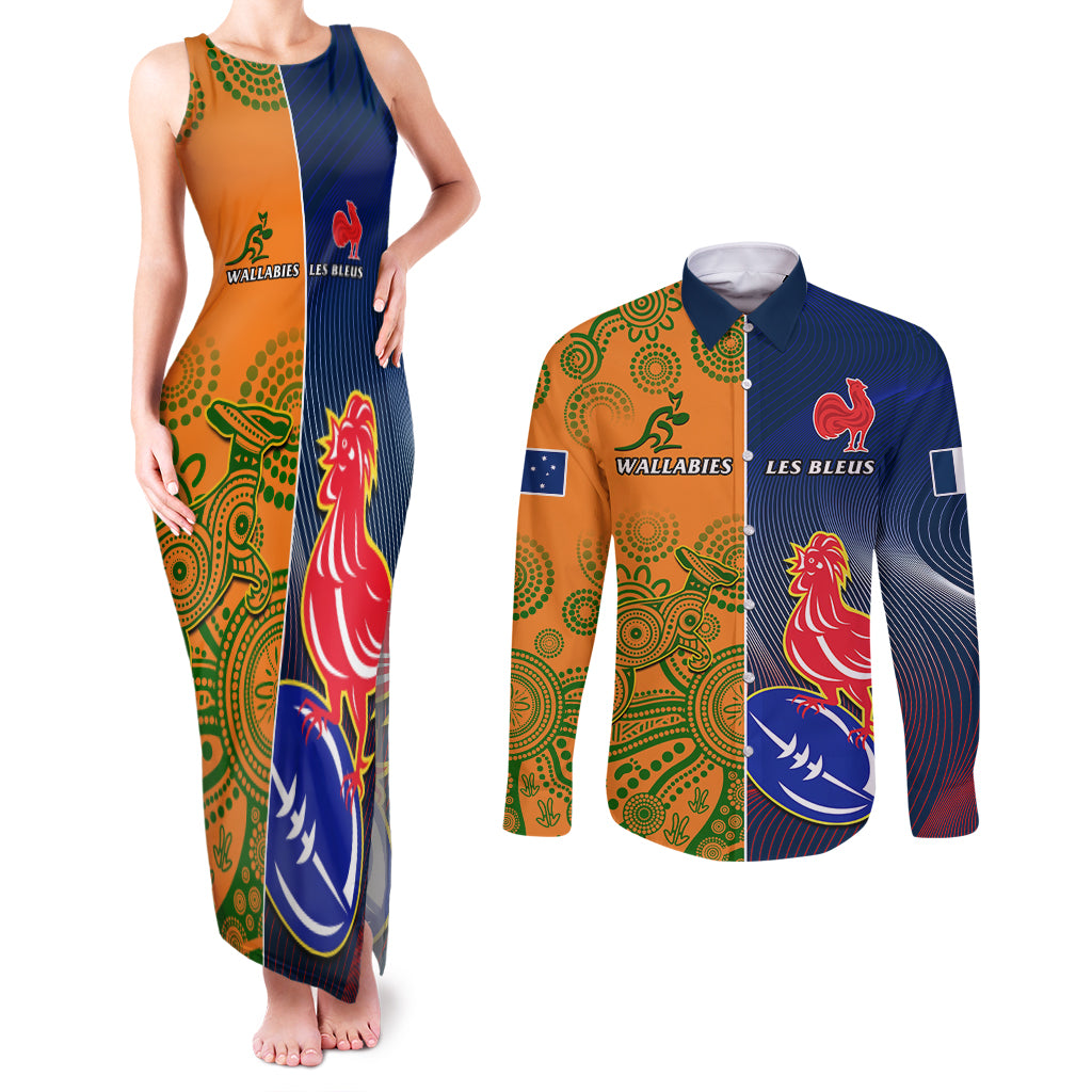 France And Australia Rugby Couples Matching Tank Maxi Dress and Long Sleeve Button Shirts 2023 World Cup Le Bleus Wallabies Together - Wonder Print Shop