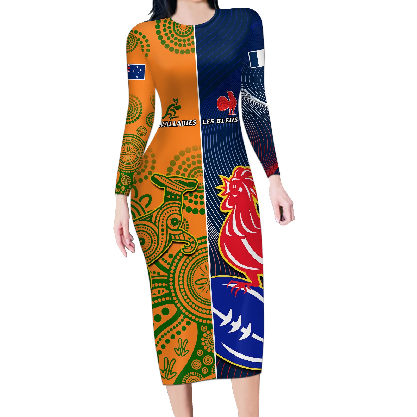 France And Australia Rugby Long Sleeve Bodycon Dress 2023 World Cup Le Bleus Wallabies Together - Wonder Print Shop