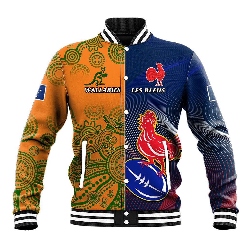 Unisex varsity baseball jacket with orange/navy panels and rugby team logos, snap front