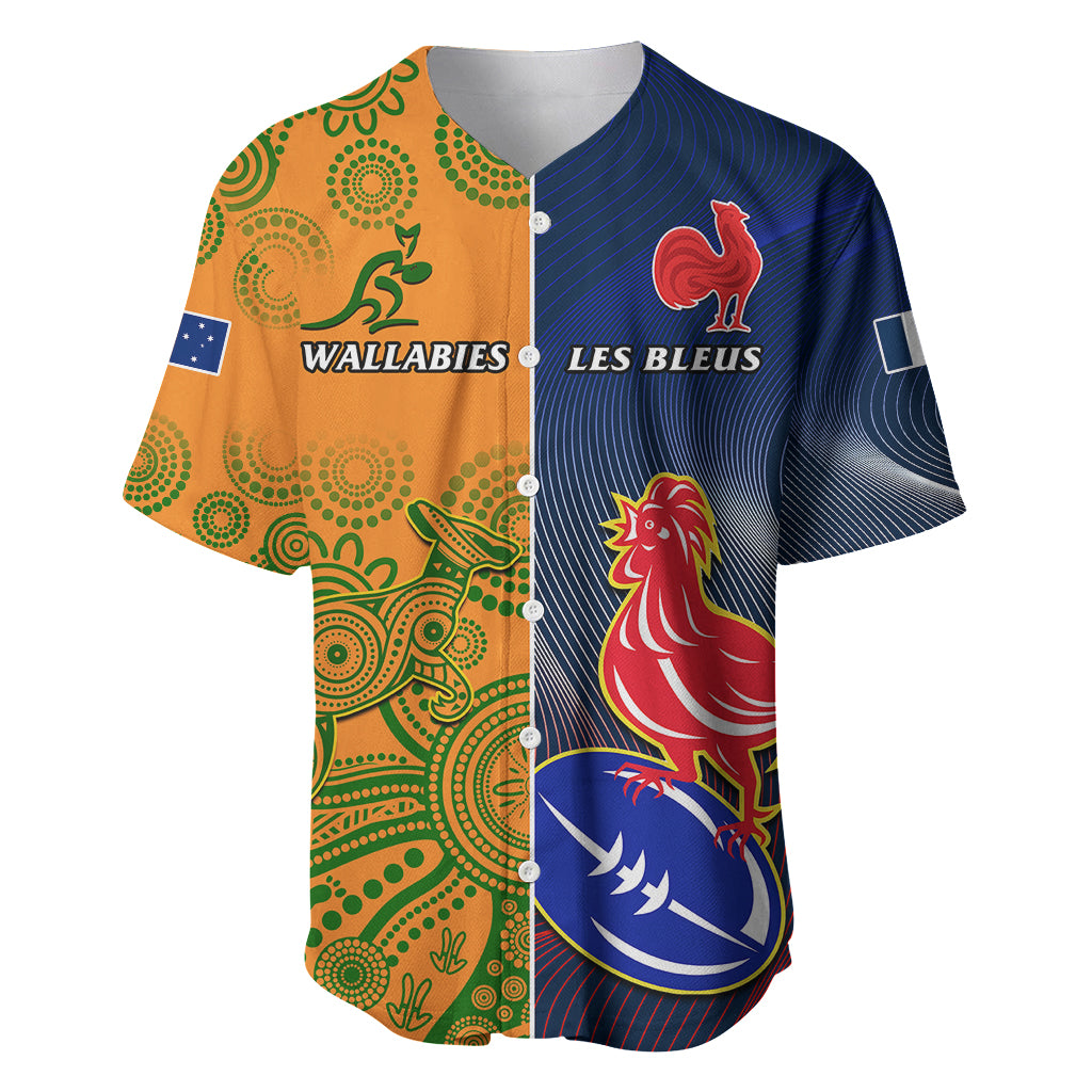 Two-tone gold and navy rugby baseball jersey with buttons, rooster and kangaroo graphics