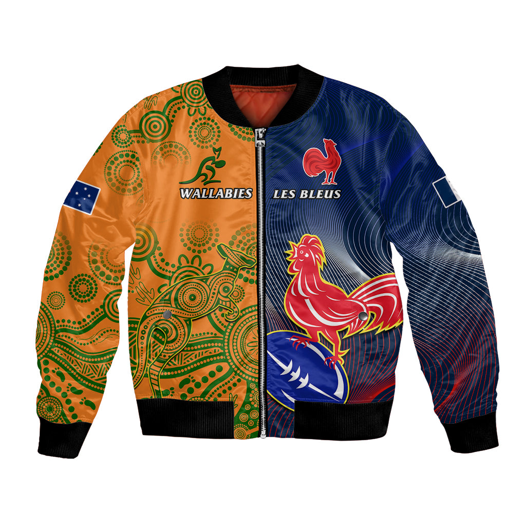 Unisex rugby bomber jacket with orange green blue panels, rooster and crests; full-zip front.