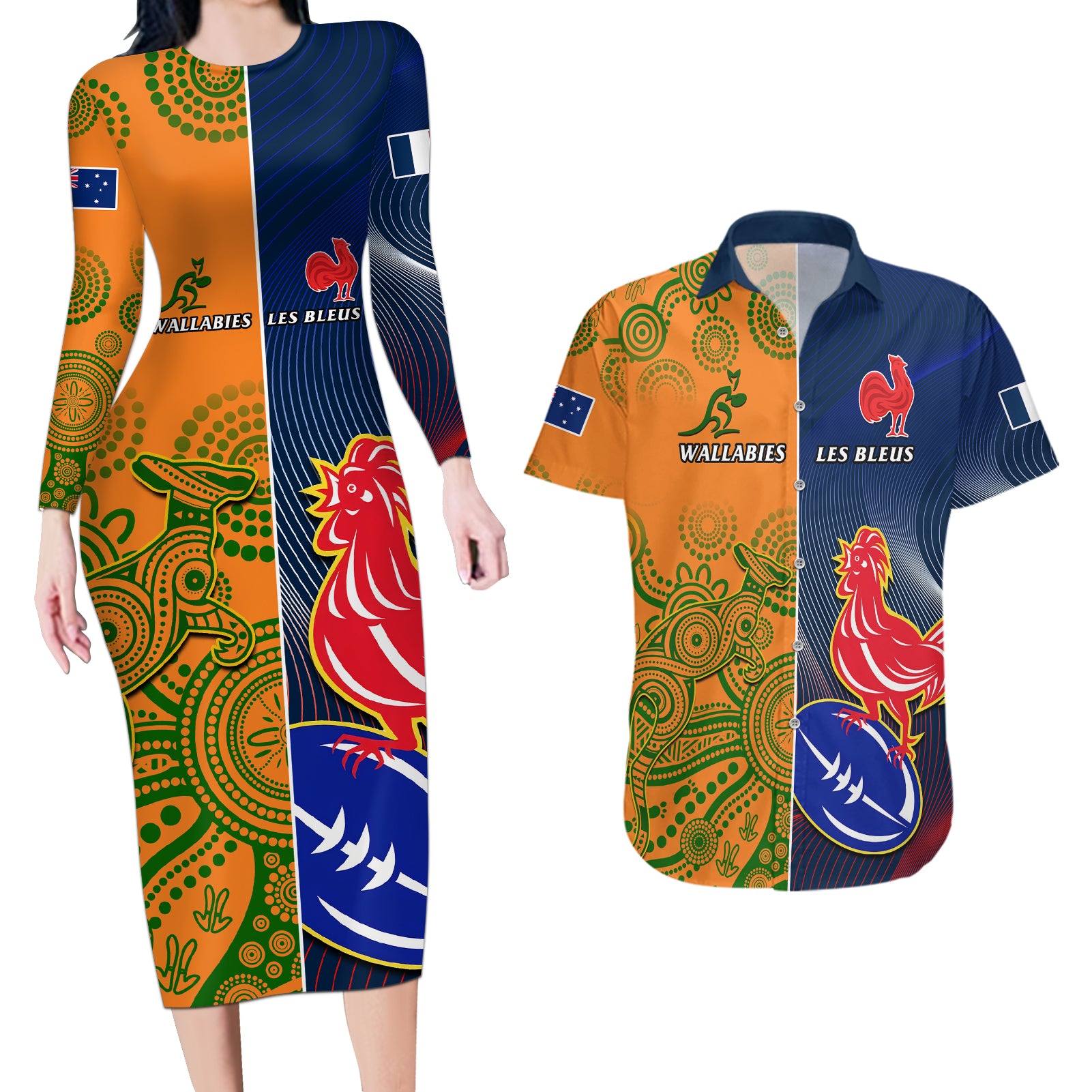 Custom France And Australia Rugby Couples Matching Long Sleeve Bodycon Dress and Hawaiian Shirt 2023 World Cup Le Bleus Wallabies Together - Wonder Print Shop