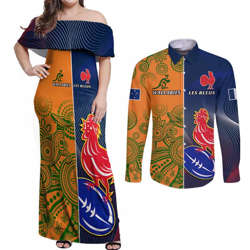 Custom France And Australia Rugby Couples Matching Off Shoulder Maxi Dress and Long Sleeve Button Shirts 2023 World Cup Le Bleus Wallabies Together - Wonder Print Shop