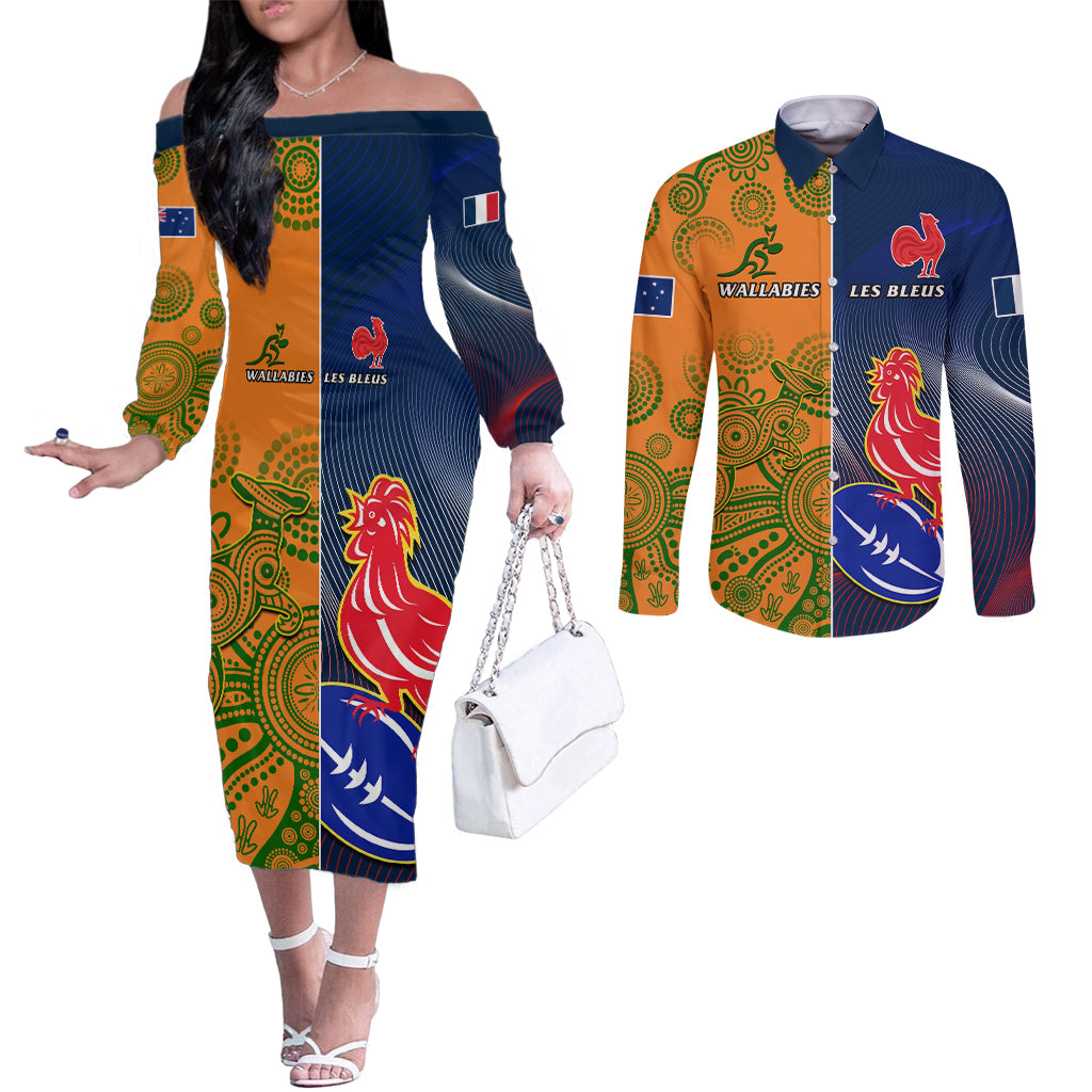 custom-france-and-australia-rugby-couples-matching-off-the-shoulder-long-sleeve-dress-and-long-sleeve-button-shirts-2023-world-cup-le-bleus-wallabies-together