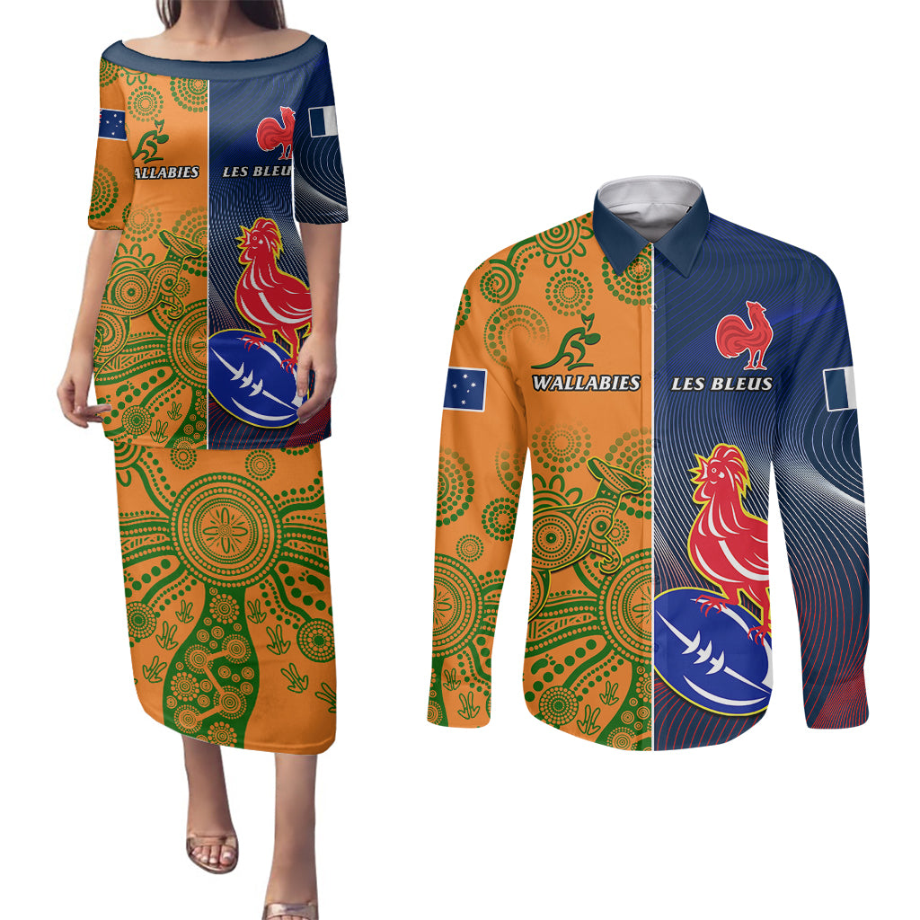 Custom France And Australia Rugby Couples Matching Puletasi Dress and Long Sleeve Button Shirts 2023 World Cup Le Bleus Wallabies Together - Wonder Print Shop