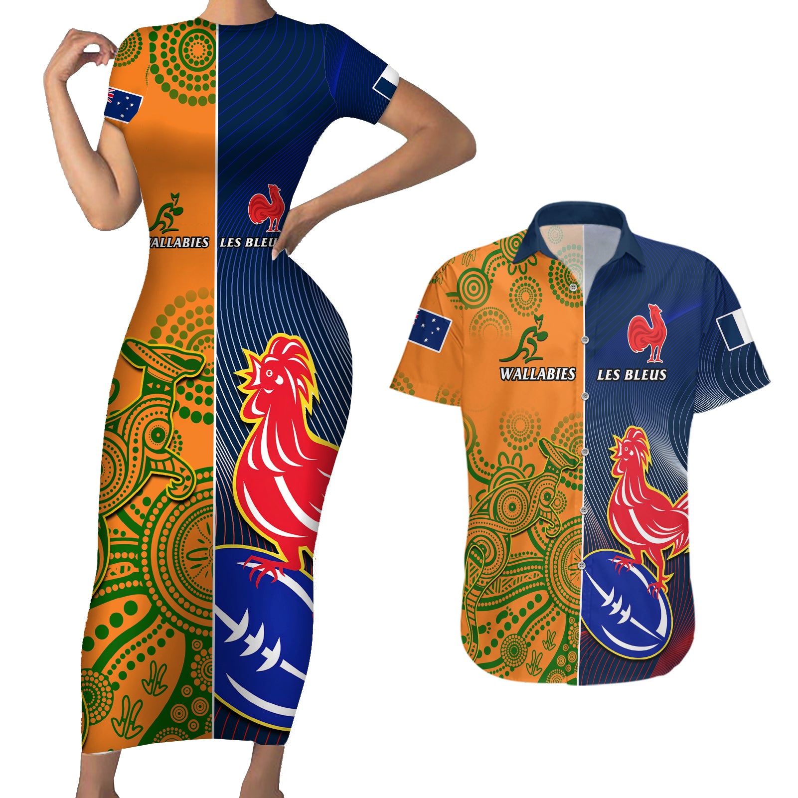 Custom France And Australia Rugby Couples Matching Short Sleeve Bodycon Dress and Hawaiian Shirt 2023 World Cup Le Bleus Wallabies Together - Wonder Print Shop