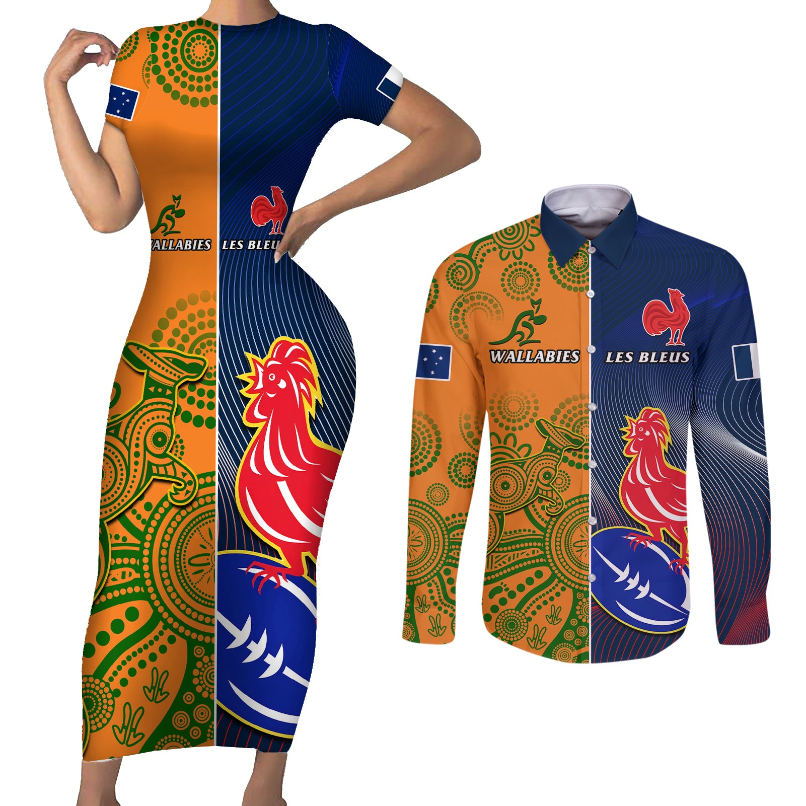 Custom France And Australia Rugby Couples Matching Short Sleeve Bodycon Dress and Long Sleeve Button Shirts 2023 World Cup Le Bleus Wallabies Together - Wonder Print Shop