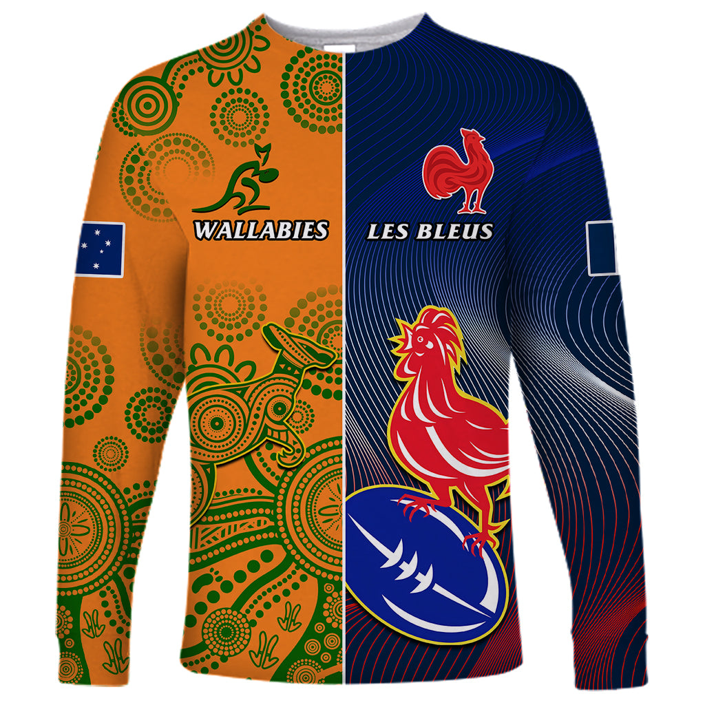 Long-sleeve rugby shirt, gold and navy split panels with rooster and rugby crest