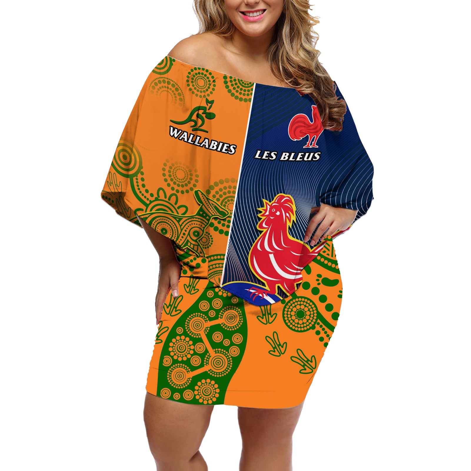 Custom France And Australia Rugby Off Shoulder Short Dress 2023 World Cup Le Bleus Wallabies Together - Wonder Print Shop