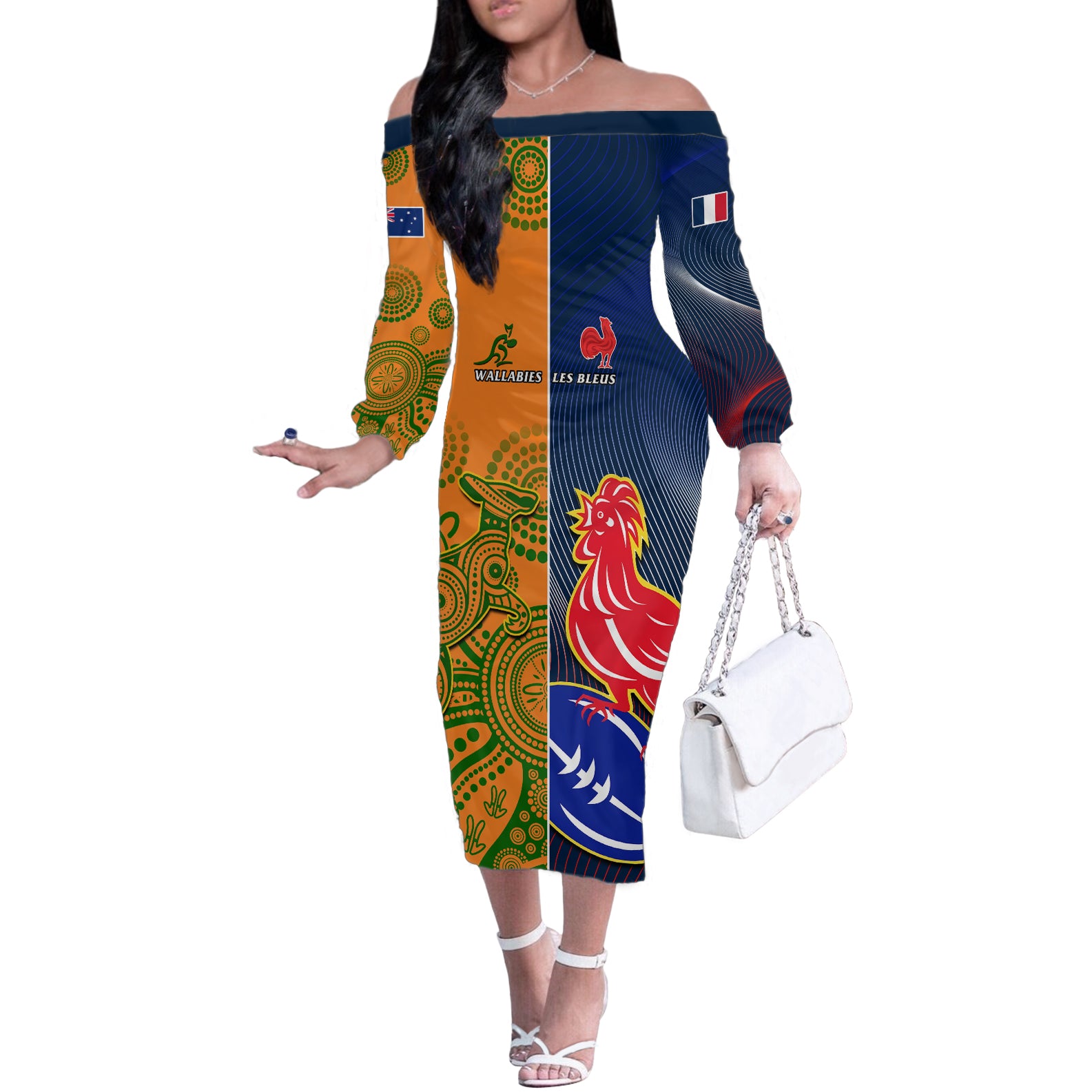 Custom France And Australia Rugby Off The Shoulder Long Sleeve Dress 2023 World Cup Le Bleus Wallabies Together - Wonder Print Shop