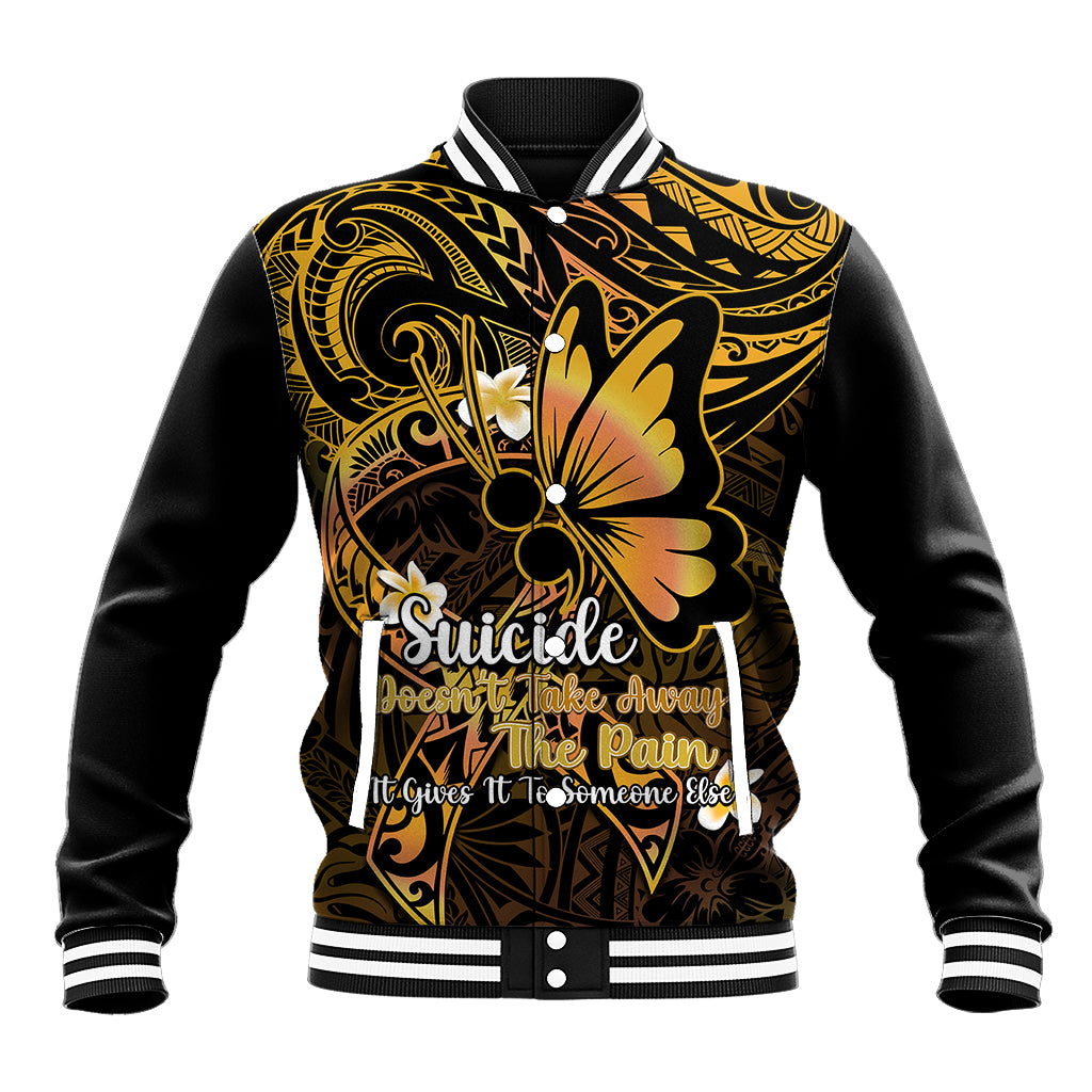 Unisex baseball jacket with black sleeves, gold Polynesian pattern, striped collar, front message