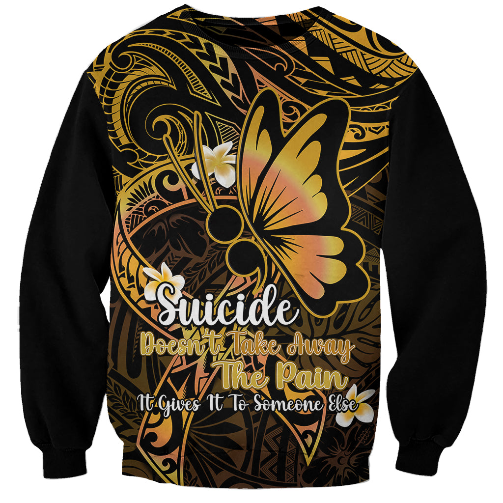 Unisex dark sweatshirt with gold Polynesian-style pattern, butterfly, and front awareness text
