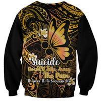 Unisex dark sweatshirt with gold Polynesian-style pattern, butterfly, and front awareness text
