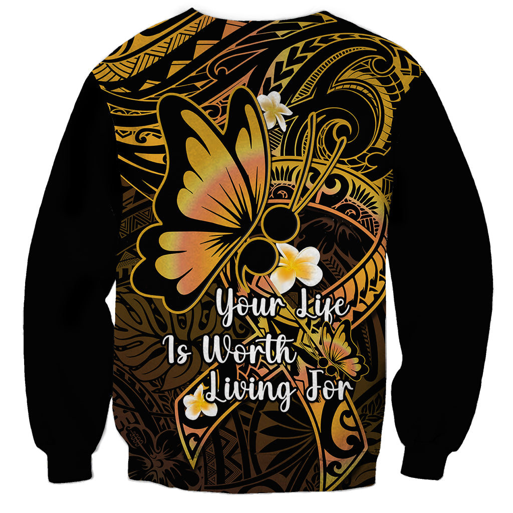 Unisex dark sweatshirt with gold Polynesian pattern and back text: “Your life is worth living”