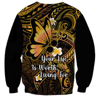 Unisex dark sweatshirt with gold Polynesian pattern and back text: “Your life is worth living”