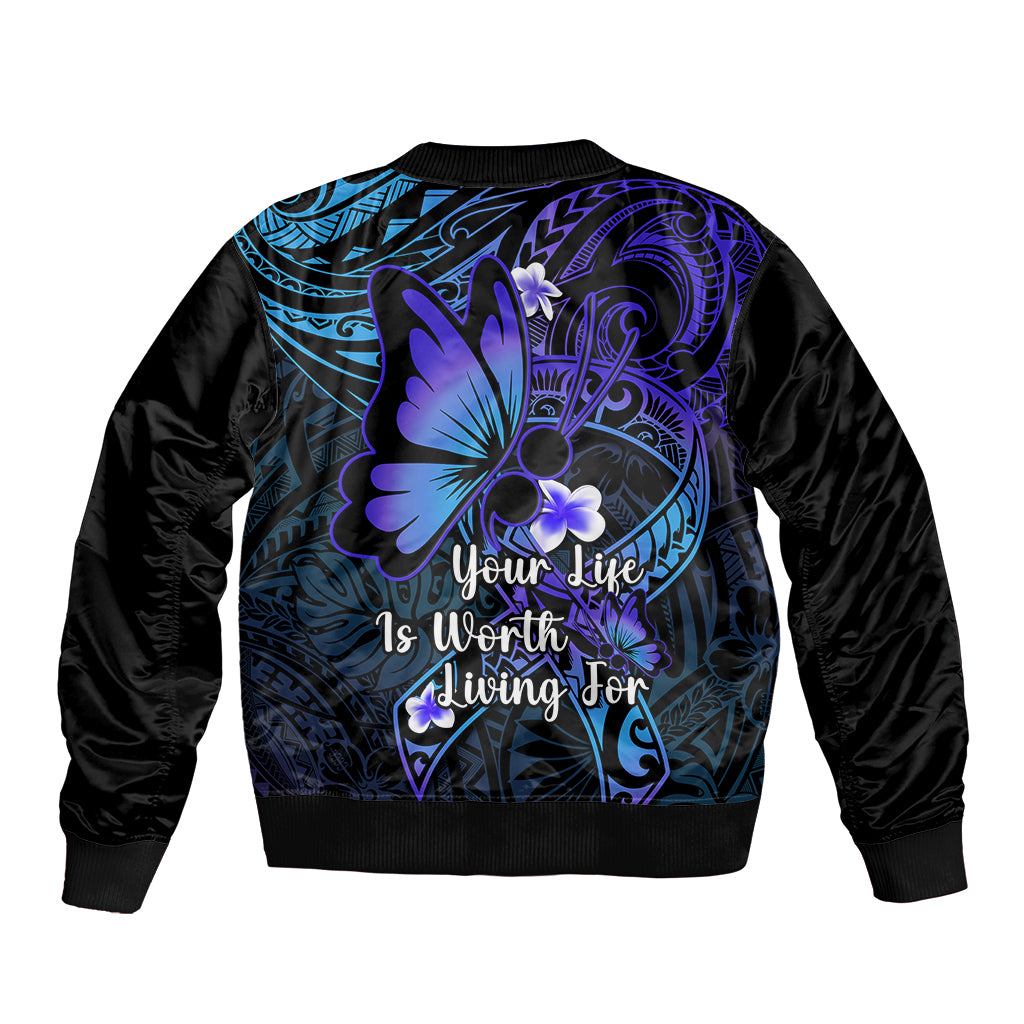 Unisex bomber jacket back with purple-blue butterfly graphic and 'Your life is worth living' text