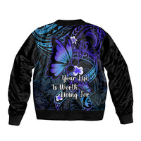 Unisex bomber jacket back with purple-blue butterfly graphic and 'Your life is worth living' text