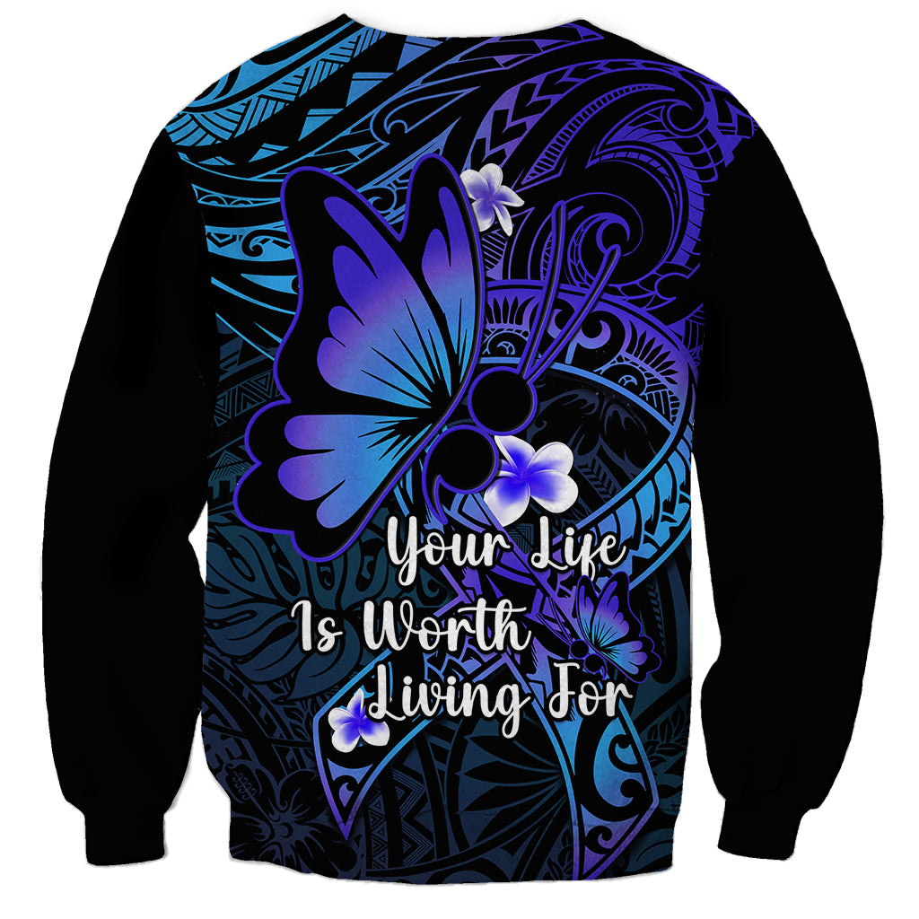 Unisex sweatshirt with purple-blue butterfly graphic and life-worth-living slogan