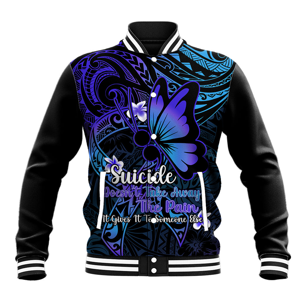 Black baseball jacket with striped collar, purple-blue floral front and butterfly graphic