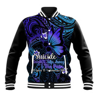 Black baseball jacket with striped collar, purple-blue floral front and butterfly graphic