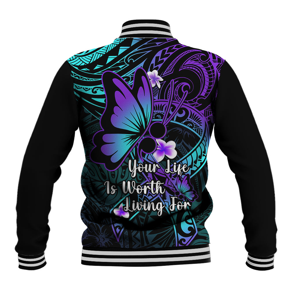 Black baseball jacket with striped collar, purple-blue Polynesian pattern back with butterfly