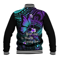 Black baseball jacket with striped collar, purple-blue Polynesian pattern back with butterfly