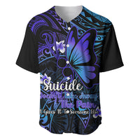 Black baseball jersey with purple and teal butterfly graphic and safety message text