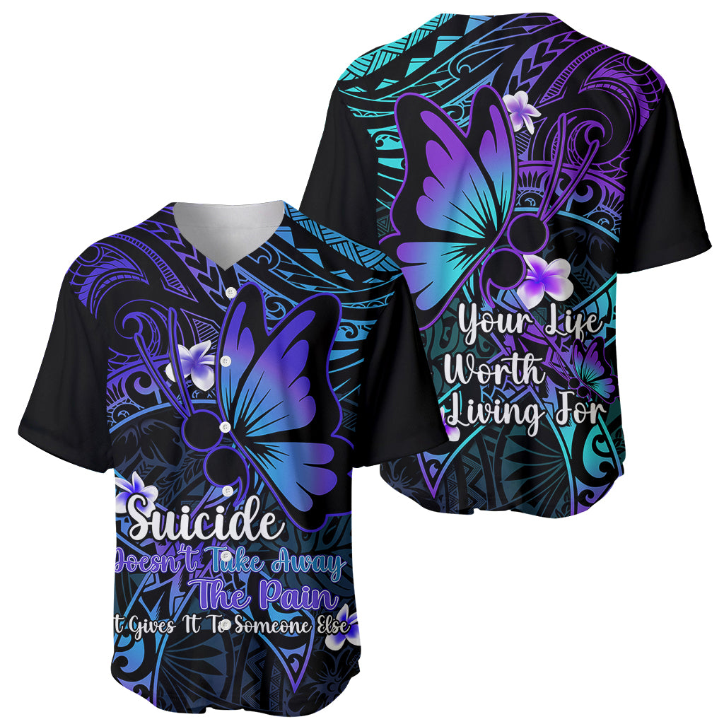 Baseball jersey shown front and back: black with purple/teal butterfly graphics and messages