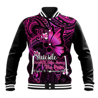 Unisex varsity baseball jacket, black with bright pink floral Polynesian pattern and front text