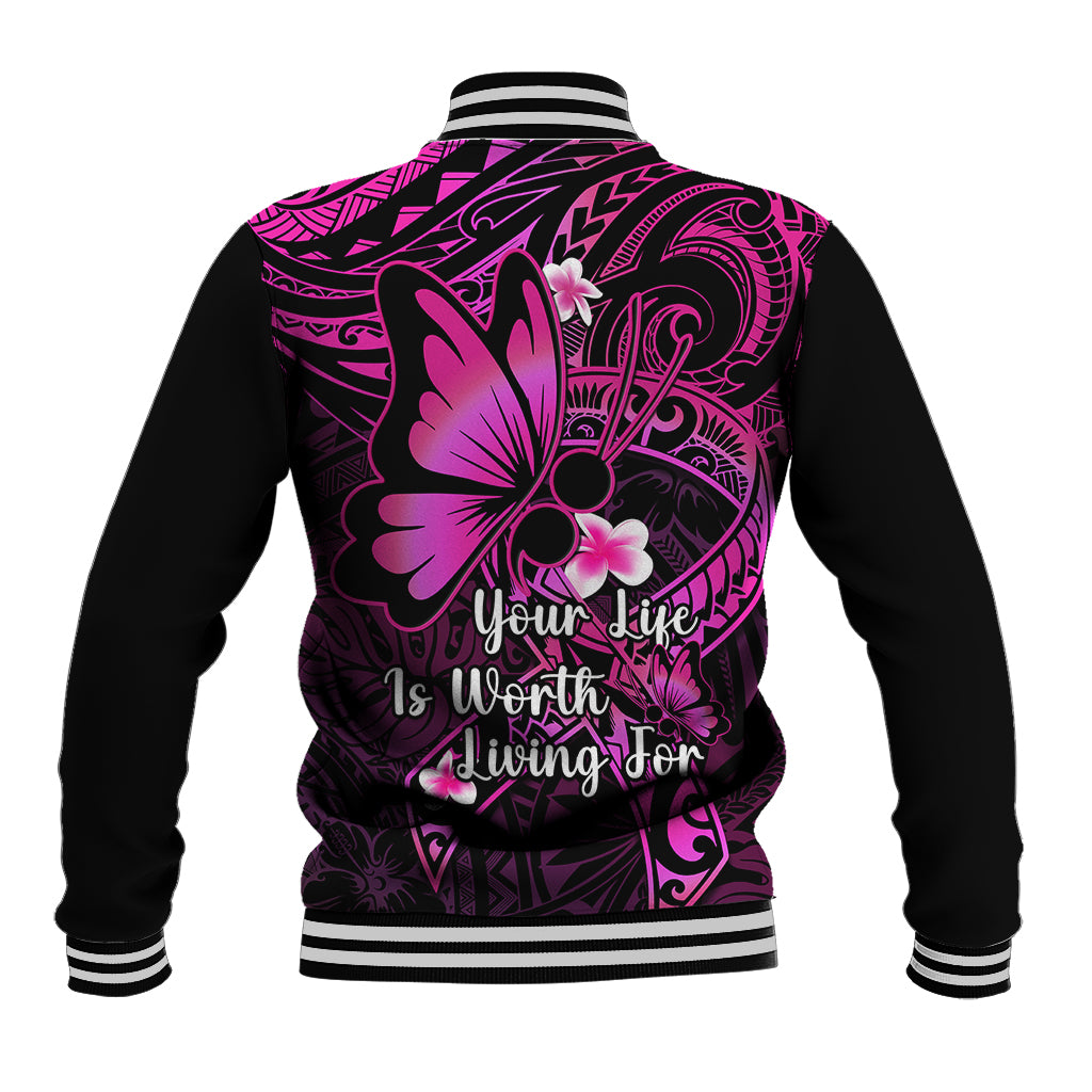 Unisex varsity baseball jacket back view, black with pink floral Polynesian pattern and Your life
