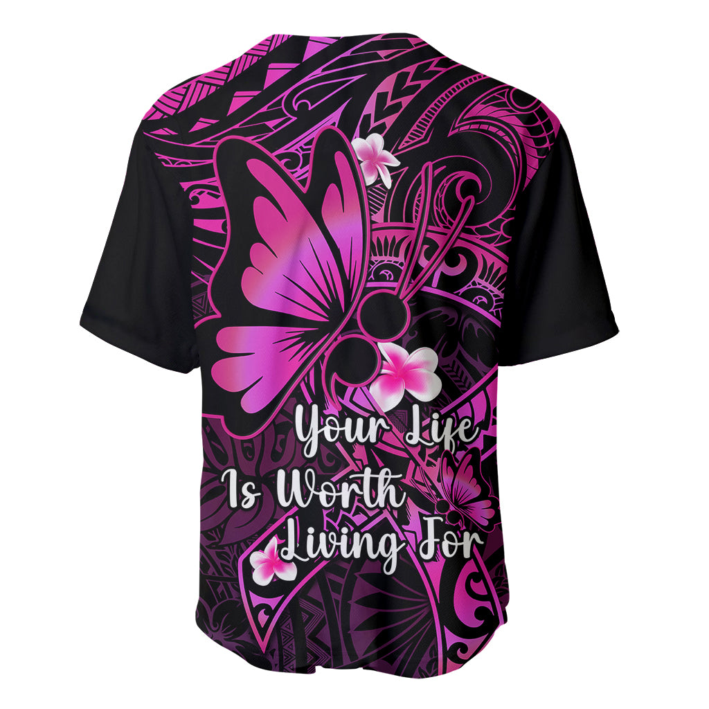 Pink and black baseball jersey with large back butterfly and floral script