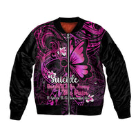 Unisex bomber jacket with black body, pink butterfly and floral graphics, front zipper.
