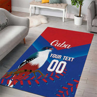 Blue and red rectangular area rug with bird, Cuba lettering, and 'YOUR TEXT 00'
