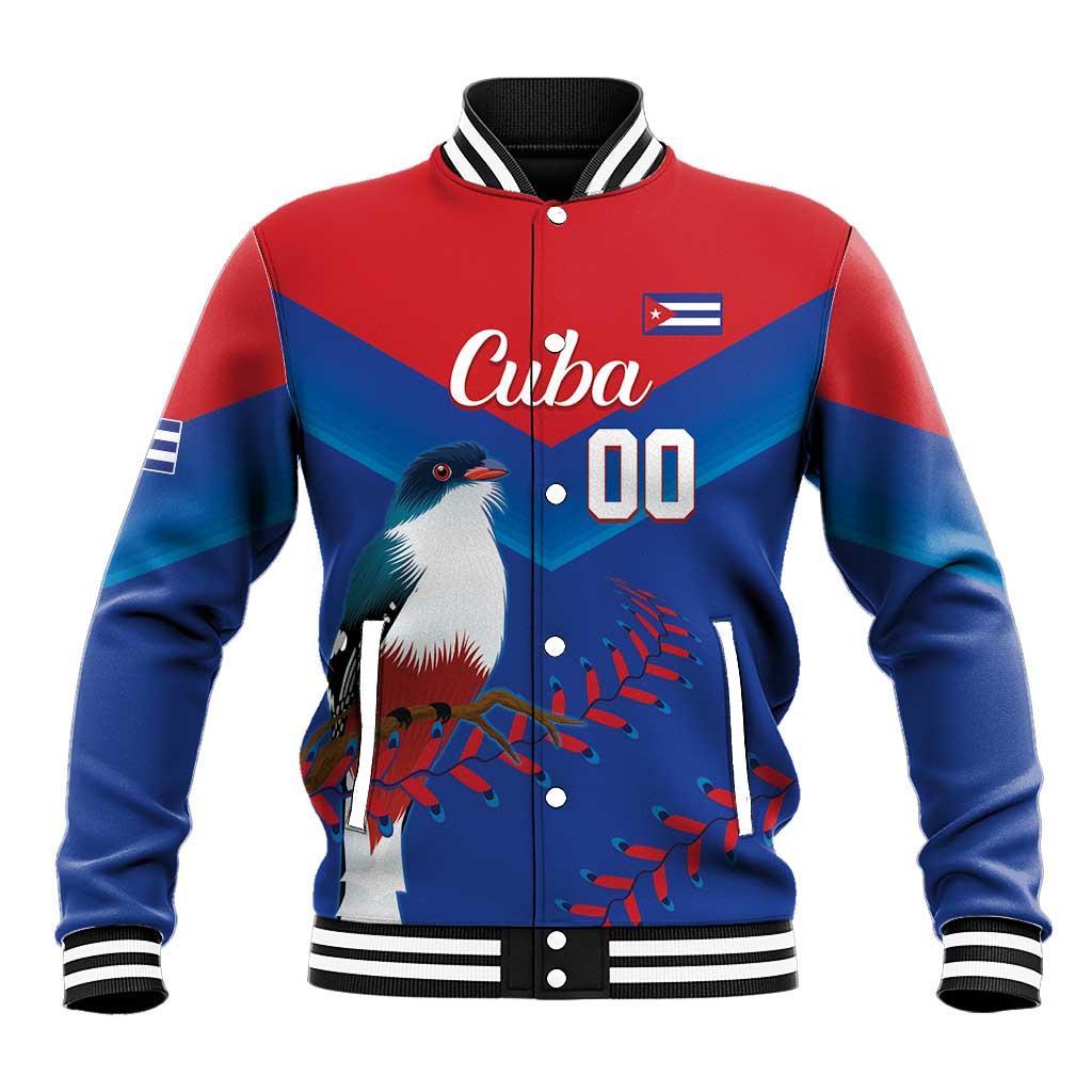 Red and blue varsity baseball jacket with striped collar, Cuba graphic, number 00 on front