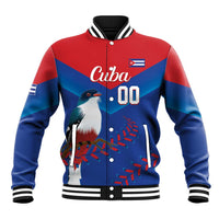 Red and blue varsity baseball jacket with striped collar, Cuba graphic, number 00 on front