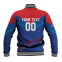 Blue and red baseball jacket back view, striped collar, 'YOUR TEXT' and number 00