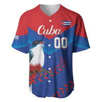 Red, blue baseball jersey with Cuba logo, bird graphic, and number 00