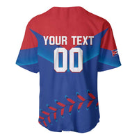 Blue baseball jersey back with YOUR TEXT, number 00, and small flag patch