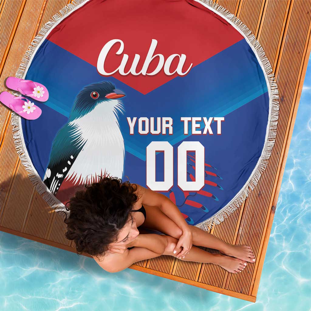 Round beach blanket with Cuba design, fringe edge, bird graphic and your text