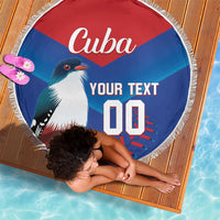 Round beach blanket with Cuba design, fringe edge, bird graphic and your text