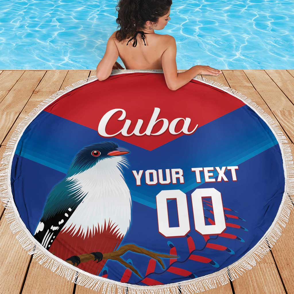 Round beach blanket with Cuba design, fringe edge, viewed from behind on a deck