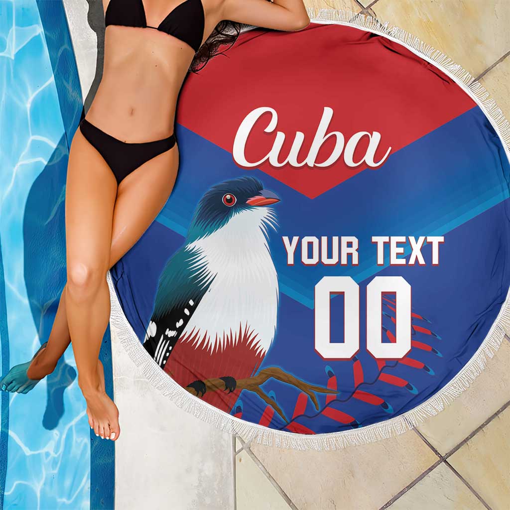Round beach blanket with Cuba design, fringe edge, shown over a tiled pool area