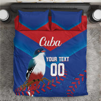 Blue and red bedding set with bird, Cuba text, 'YOUR TEXT', and number '00'